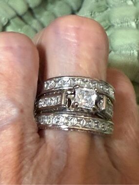 3 Piece Silver Tone Princess Cut CZ Wedding Ring Set Size 6